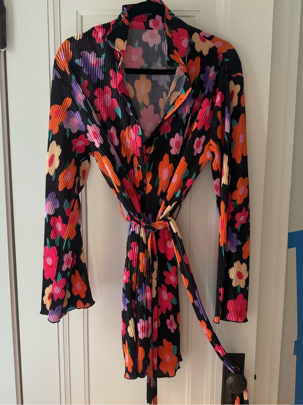 Retro Black Floral Pleated Dress - Bright Multi